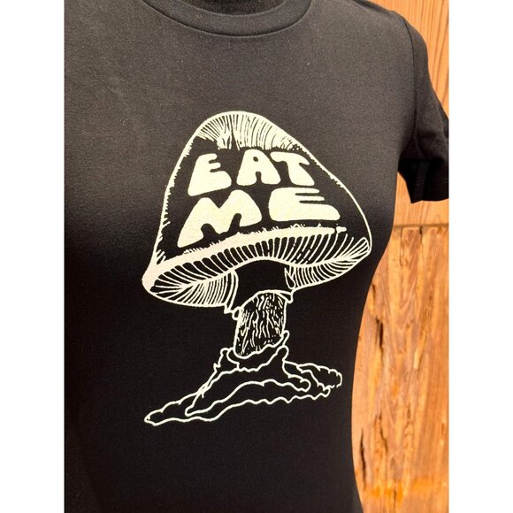 BABYDOLL T-SHIRT EAT ME MUSHROOM LOGO 24hr LAUNDRY WOMEN'S T-SHIRT BLACK NWOT SM - Picture 2 of 5